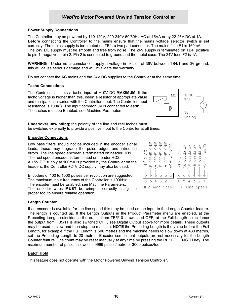 Power supply connections, Tacho connections, Encoder connections | Length counter, Batch hold, Webpro motor powered unwind tension controller | Cleveland Motion Controls WebPro Motor Powered Unwind Tension Controller MWP – 12662 - 1 REV BA User Manual | Page 11 / 23
