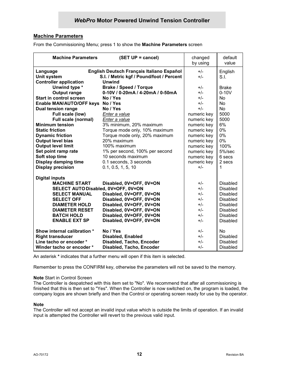 Machine parameters | Cleveland Motion Controls WebPro Motor Powered Unwind Tension Controller MWP – 12662 - 1 REV BA User Manual | Page 13 / 23