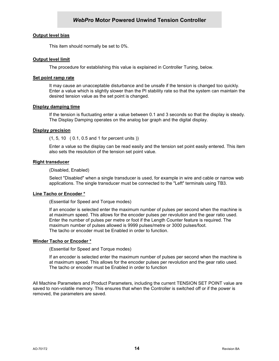 Output level bias, Output level limit, Set point ramp rate | Display damping time, Display precision, Right transducer, Line tacho or encoder, Winder tacho or encoder | Cleveland Motion Controls WebPro Motor Powered Unwind Tension Controller MWP – 12662 - 1 REV BA User Manual | Page 15 / 23