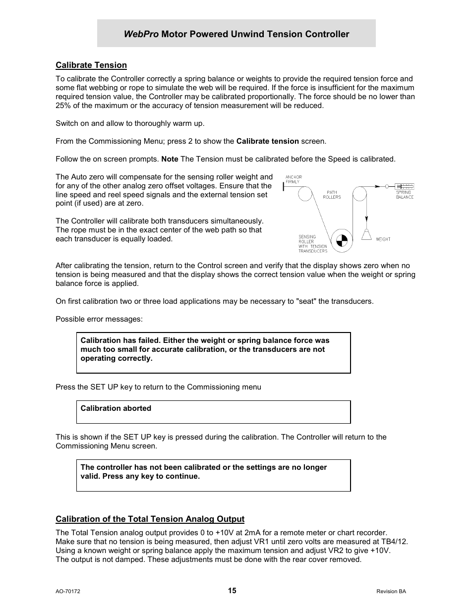 Calibrate tension, Calibration of the total tension analog output | Cleveland Motion Controls WebPro Motor Powered Unwind Tension Controller MWP – 12662 - 1 REV BA User Manual | Page 16 / 23