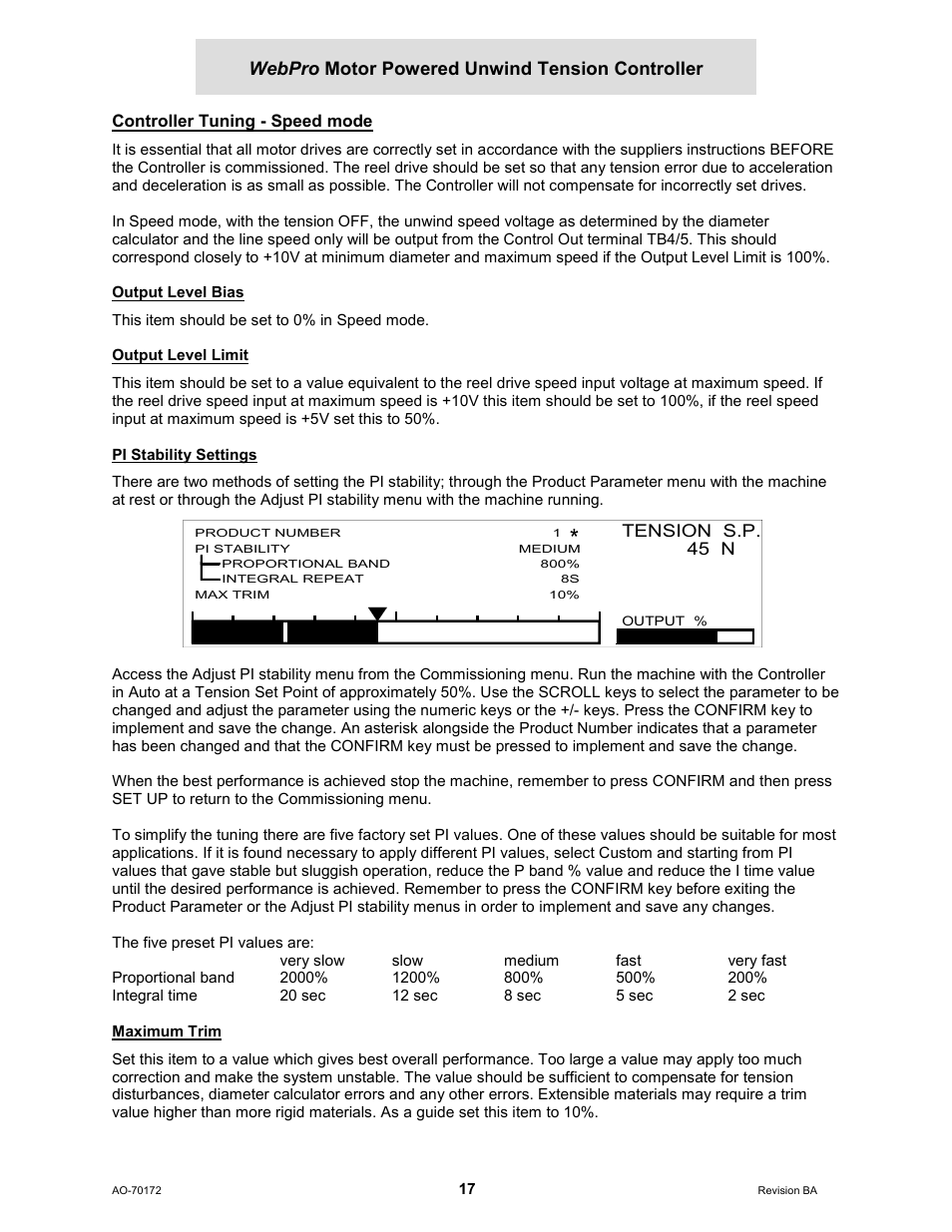 Controller tuning - speed mode, Output level bias, Output level limit | Pi stability settings, Maximum trim, Webpro motor powered unwind tension controller | Cleveland Motion Controls WebPro Motor Powered Unwind Tension Controller MWP – 12662 - 1 REV BA User Manual | Page 18 / 23