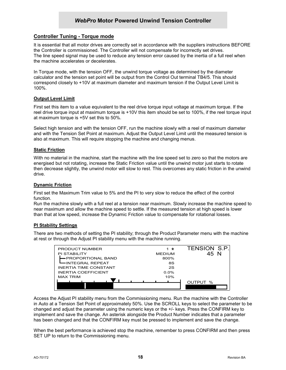 Controller tuning - torque mode, Output level limit, Static friction | Dynamic friction, Pi stability settings, Webpro motor powered unwind tension controller | Cleveland Motion Controls WebPro Motor Powered Unwind Tension Controller MWP – 12662 - 1 REV BA User Manual | Page 19 / 23