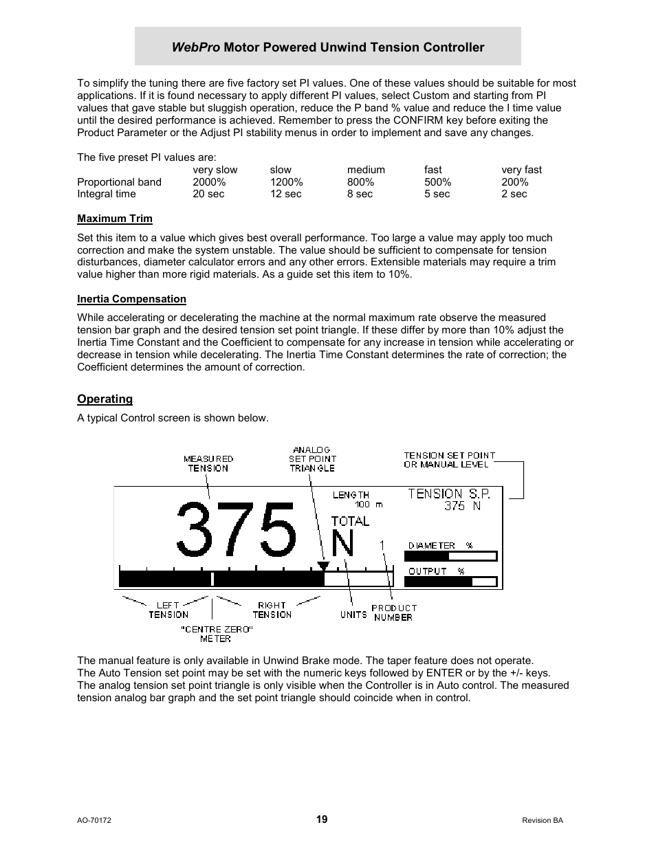 Maximum trim, Inertia compensation, Operating | Cleveland Motion Controls WebPro Motor Powered Unwind Tension Controller MWP – 12662 - 1 REV BA User Manual | Page 20 / 23