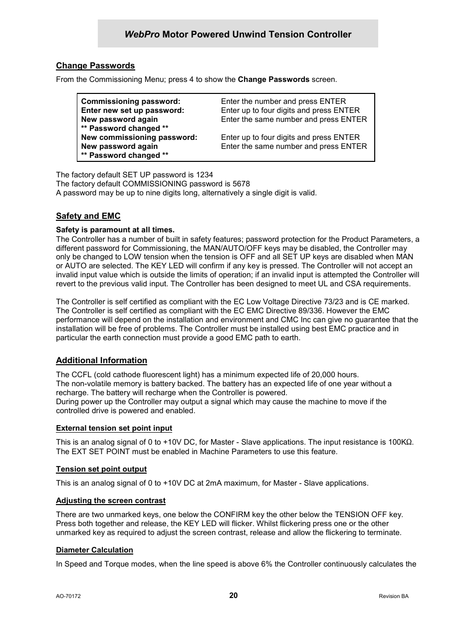 Change passwords, Safety and emc, Additional information | External tension set point input, Tension set point output, Adjusting the screen contrast, Diameter calculation | Cleveland Motion Controls WebPro Motor Powered Unwind Tension Controller MWP – 12662 - 1 REV BA User Manual | Page 21 / 23