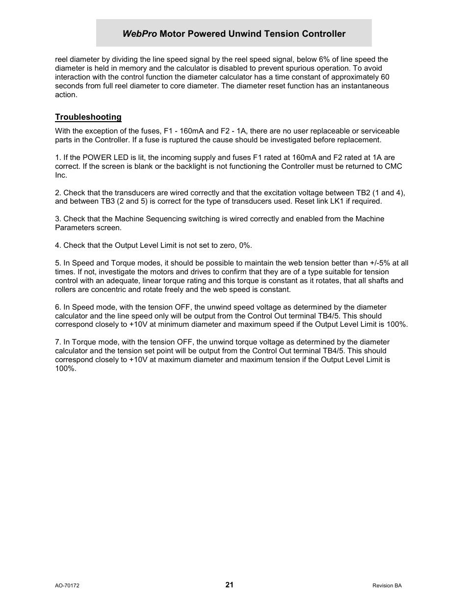 Troubleshooting, Webpro motor powered unwind tension controller | Cleveland Motion Controls WebPro Motor Powered Unwind Tension Controller MWP – 12662 - 1 REV BA User Manual | Page 22 / 23