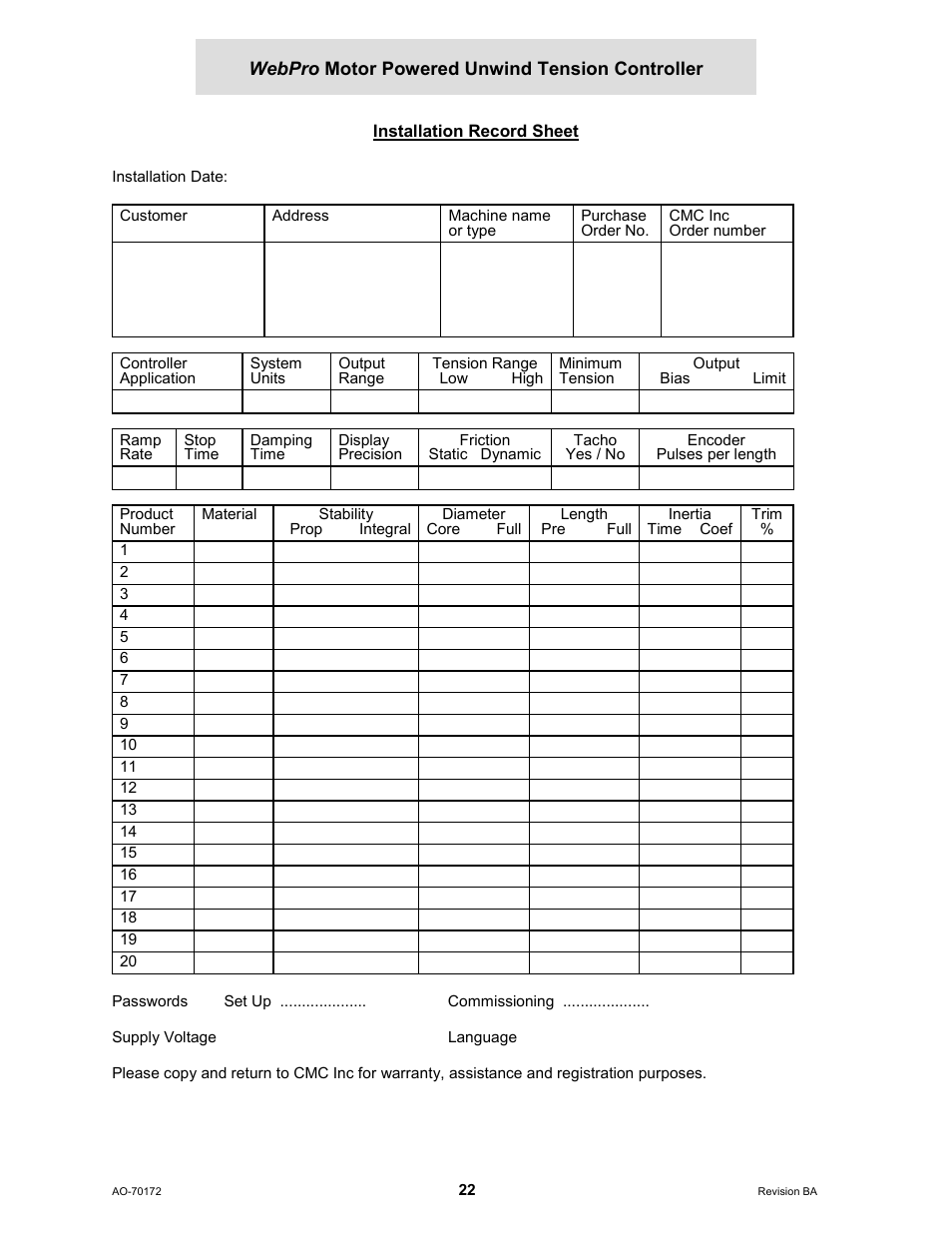 Installation record sheet | Cleveland Motion Controls WebPro Motor Powered Unwind Tension Controller MWP – 12662 - 1 REV BA User Manual | Page 23 / 23