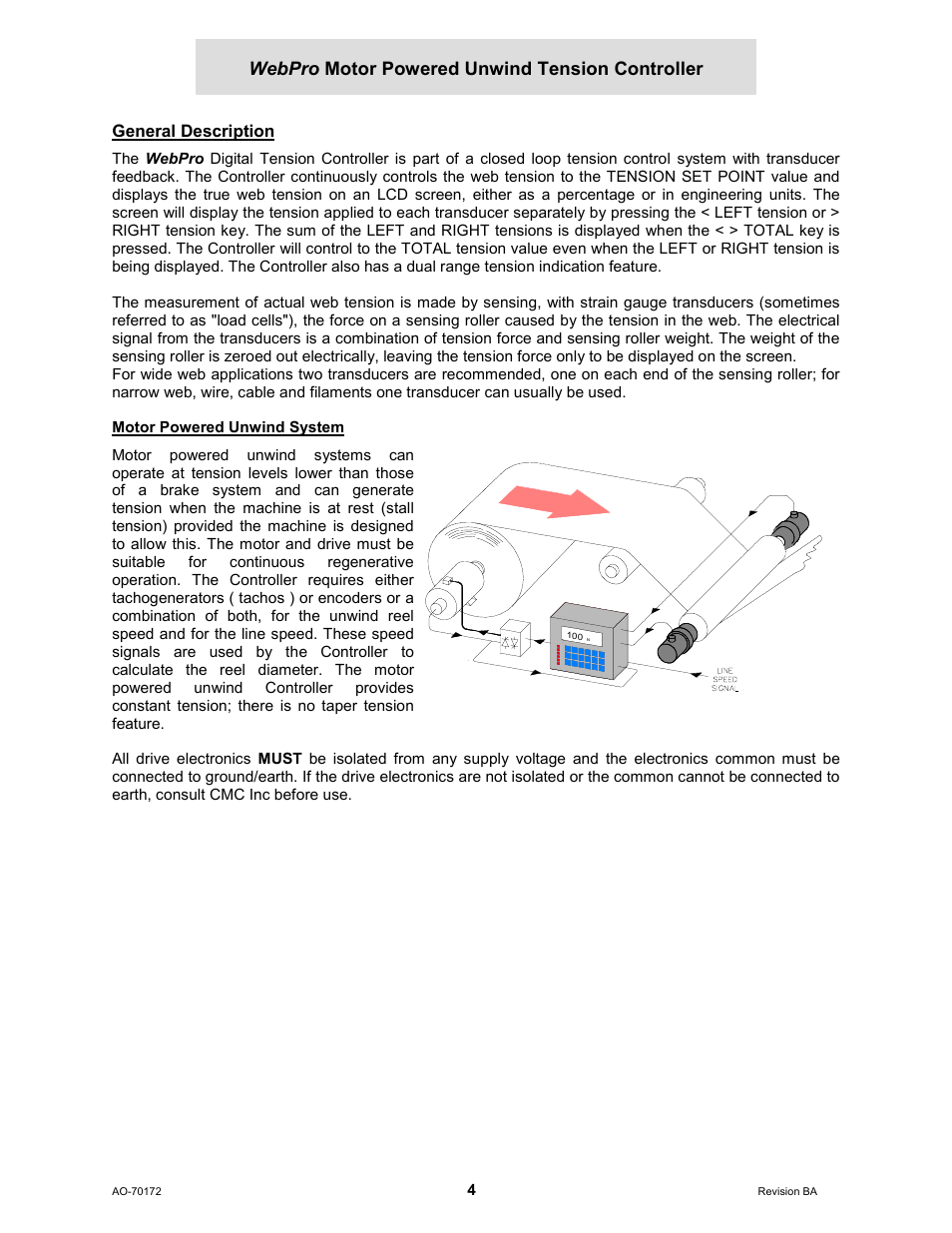 General description, Motor powered unwind system, Webpro motor powered unwind tension controller | Cleveland Motion Controls WebPro Motor Powered Unwind Tension Controller MWP – 12662 - 1 REV BA User Manual | Page 5 / 23