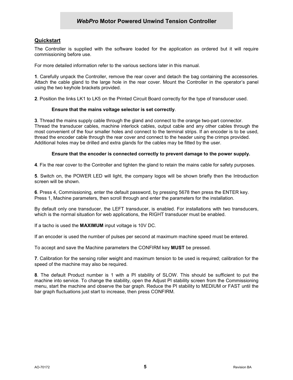 Quickstart, Webpro motor powered unwind tension controller | Cleveland Motion Controls WebPro Motor Powered Unwind Tension Controller MWP – 12662 - 1 REV BA User Manual | Page 6 / 23