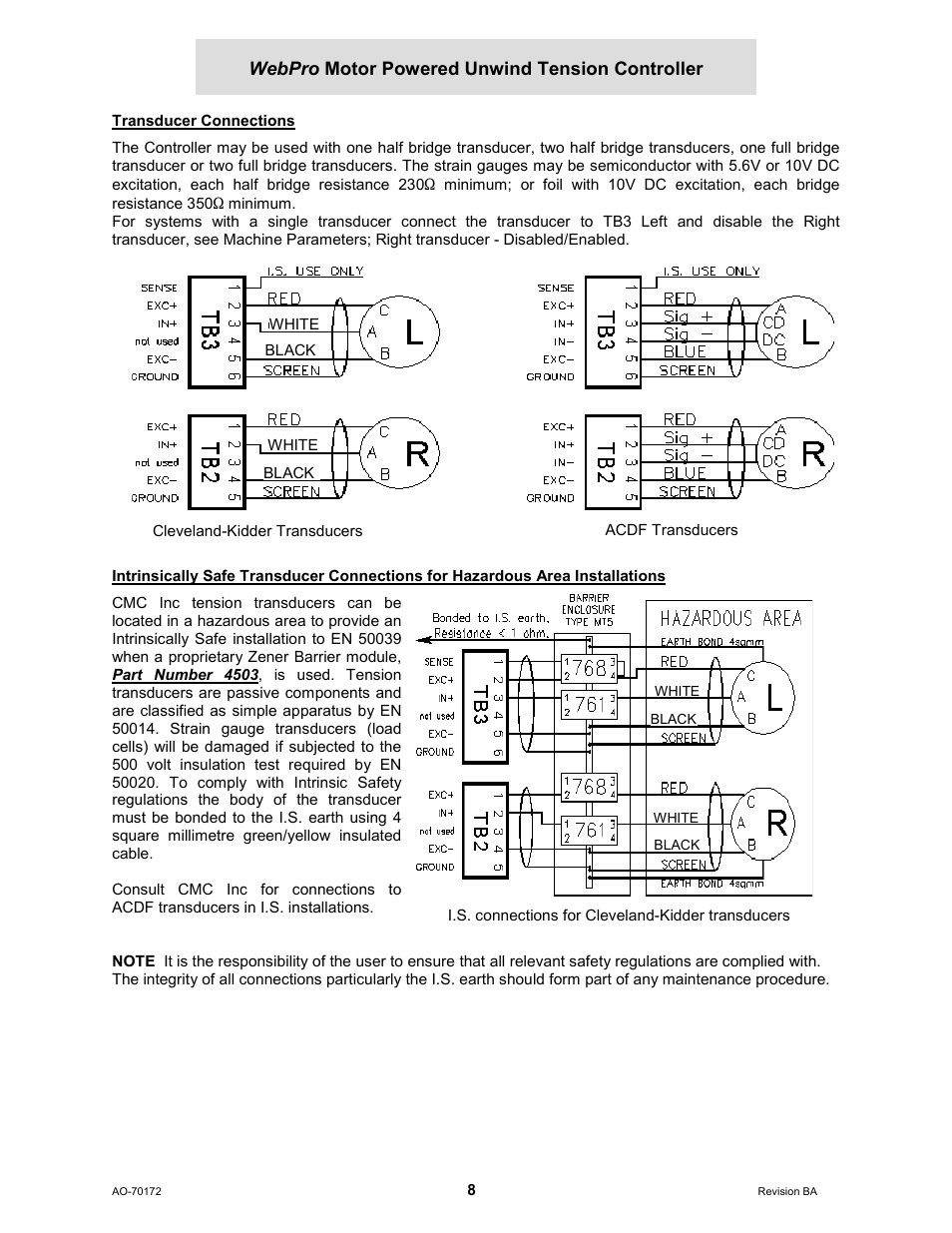 Transducer connections, Webpro motor powered unwind tension controller | Cleveland Motion Controls WebPro Motor Powered Unwind Tension Controller MWP – 12662 - 1 REV BA User Manual | Page 9 / 23