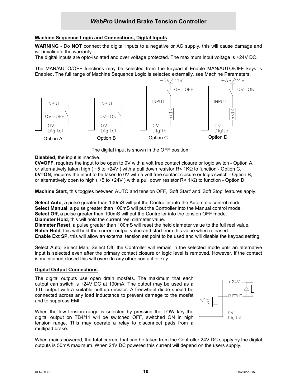 Digital output connections, Webpro unwind brake tension controller | Cleveland Motion Controls WebPro Unwind Brake Tension Controller MWP – 12662 - 0 REV BA User Manual | Page 10 / 22