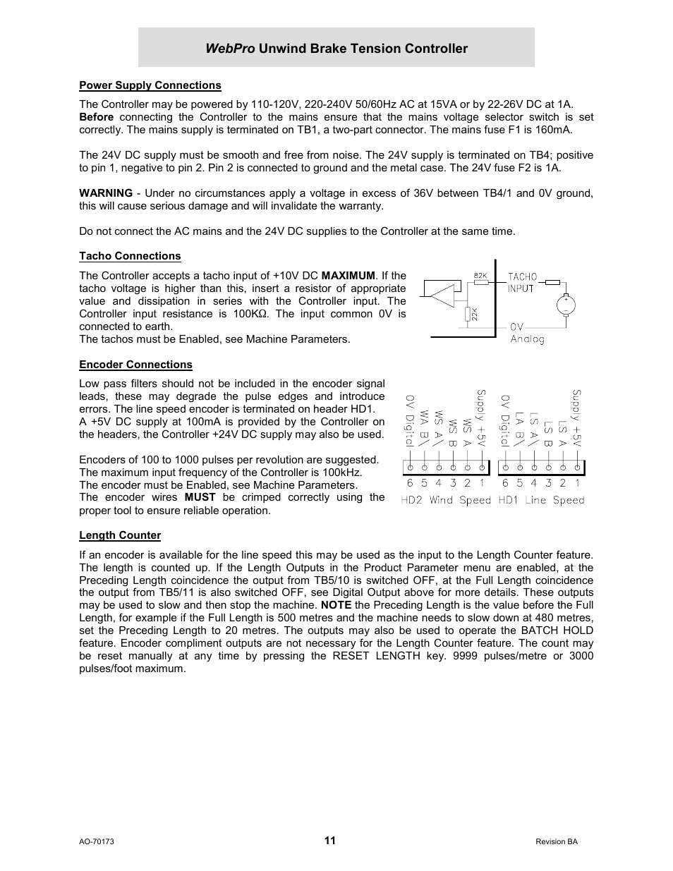 Power supply connections, Tacho connections, Encoder connections | Length counter, Webpro unwind brake tension controller | Cleveland Motion Controls WebPro Unwind Brake Tension Controller MWP – 12662 - 0 REV BA User Manual | Page 11 / 22
