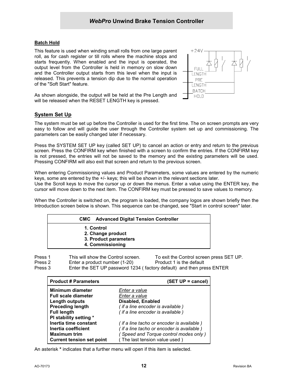 Batch hold, System set up | Cleveland Motion Controls WebPro Unwind Brake Tension Controller MWP – 12662 - 0 REV BA User Manual | Page 12 / 22