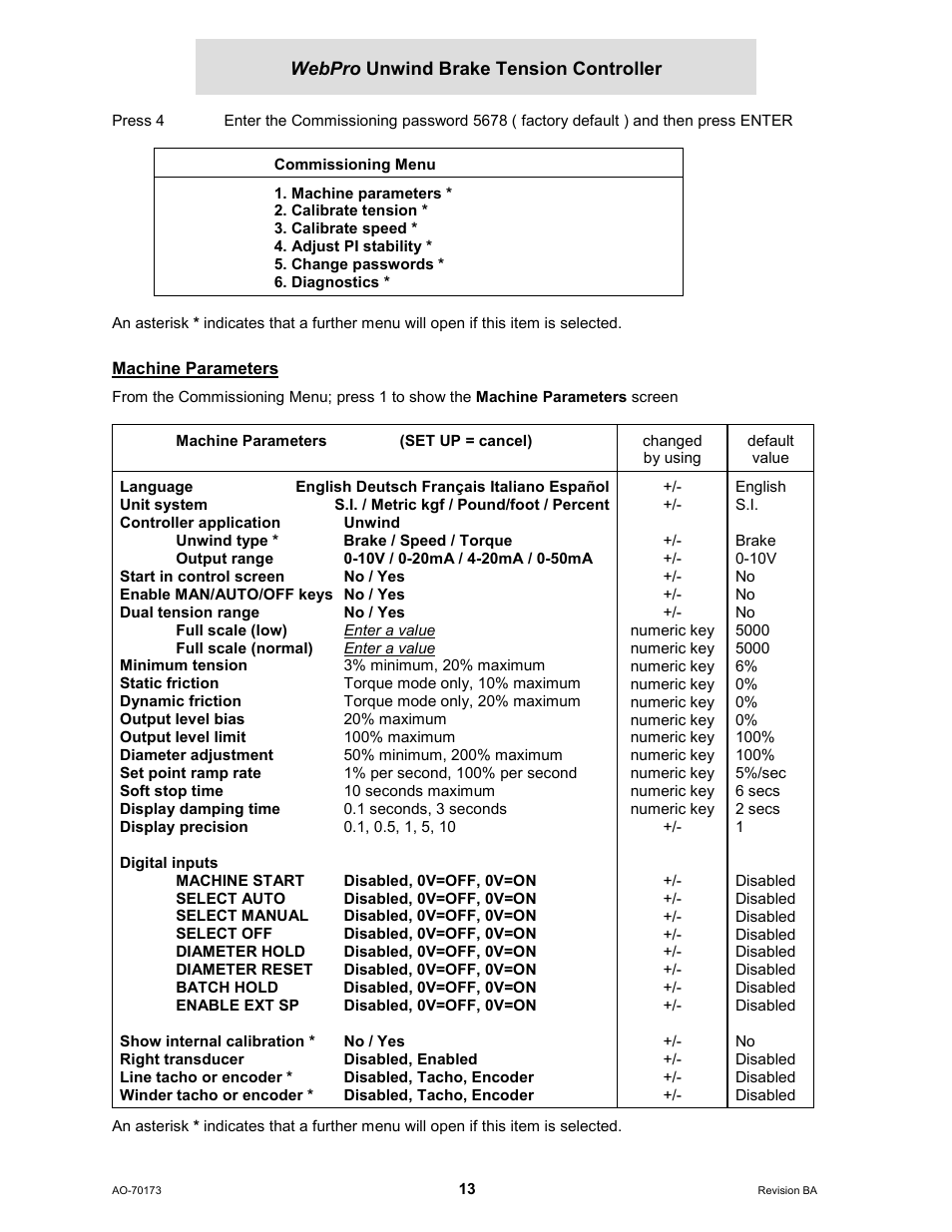 Machine parameters | Cleveland Motion Controls WebPro Unwind Brake Tension Controller MWP – 12662 - 0 REV BA User Manual | Page 13 / 22