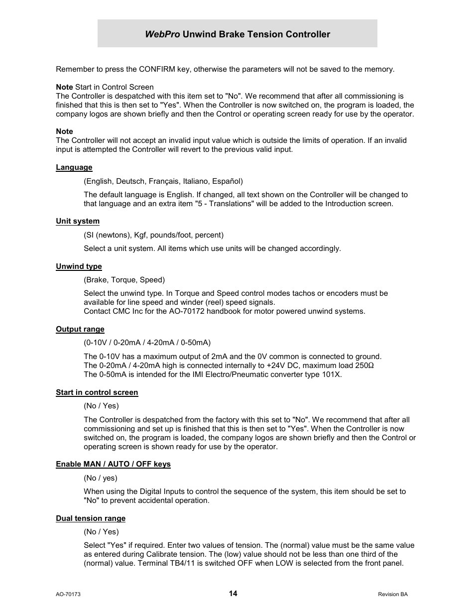 Language, Unit system, Unwind type | Output range, Start in control screen, Enable man / auto / off keys, Dual tension range | Cleveland Motion Controls WebPro Unwind Brake Tension Controller MWP – 12662 - 0 REV BA User Manual | Page 14 / 22