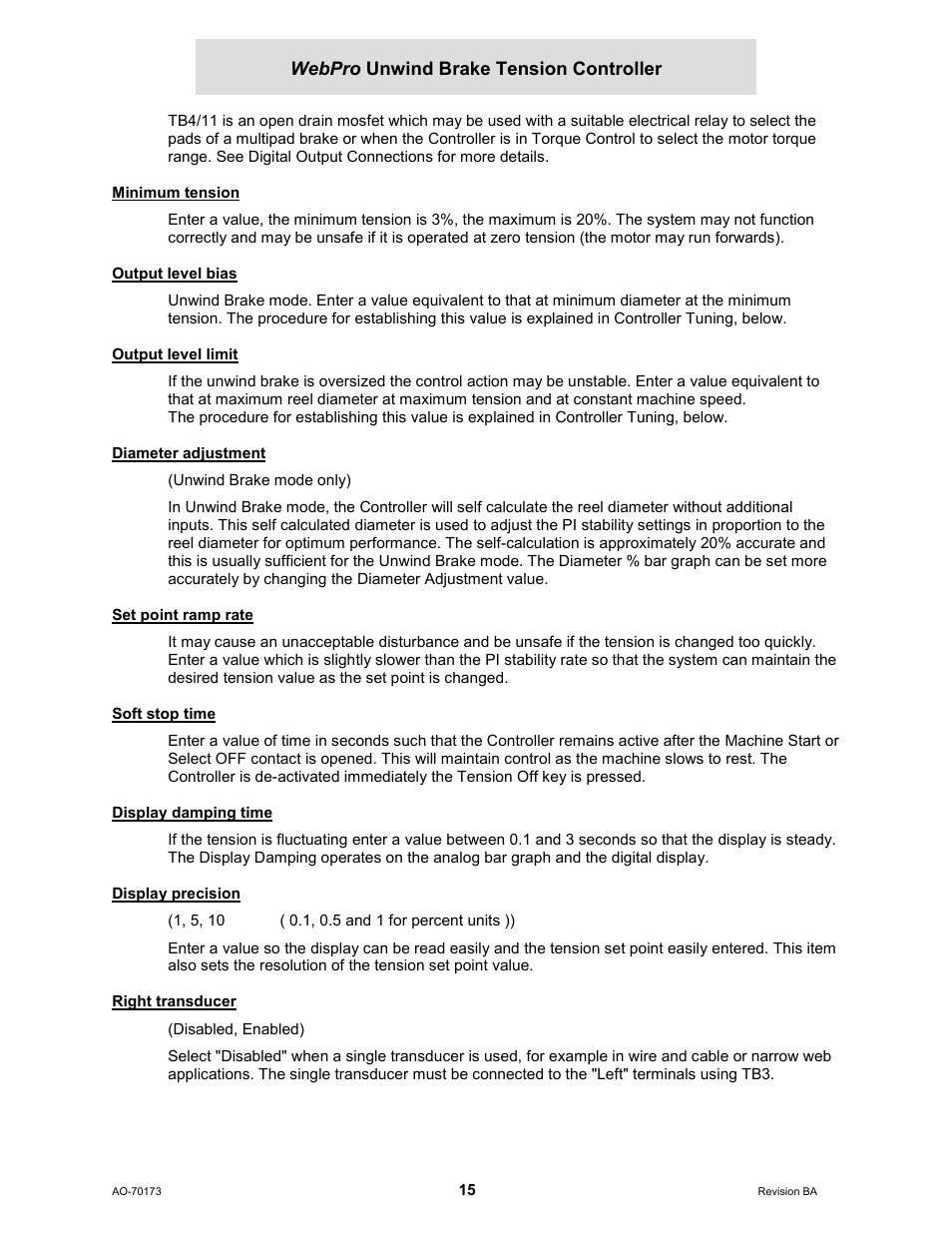 Minimum tension, Output level bias, Output level limit | Diameter adjustment, Set point ramp rate, Soft stop time, Display damping time, Display precision, Right transducer | Cleveland Motion Controls WebPro Unwind Brake Tension Controller MWP – 12662 - 0 REV BA User Manual | Page 15 / 22