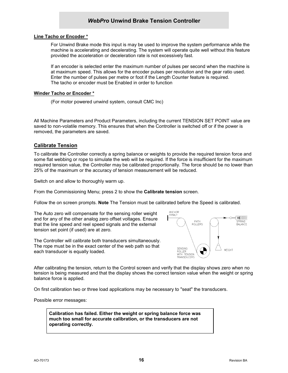 Line tacho or encoder, Winder tacho or encoder, Calibrate tension | Cleveland Motion Controls WebPro Unwind Brake Tension Controller MWP – 12662 - 0 REV BA User Manual | Page 16 / 22