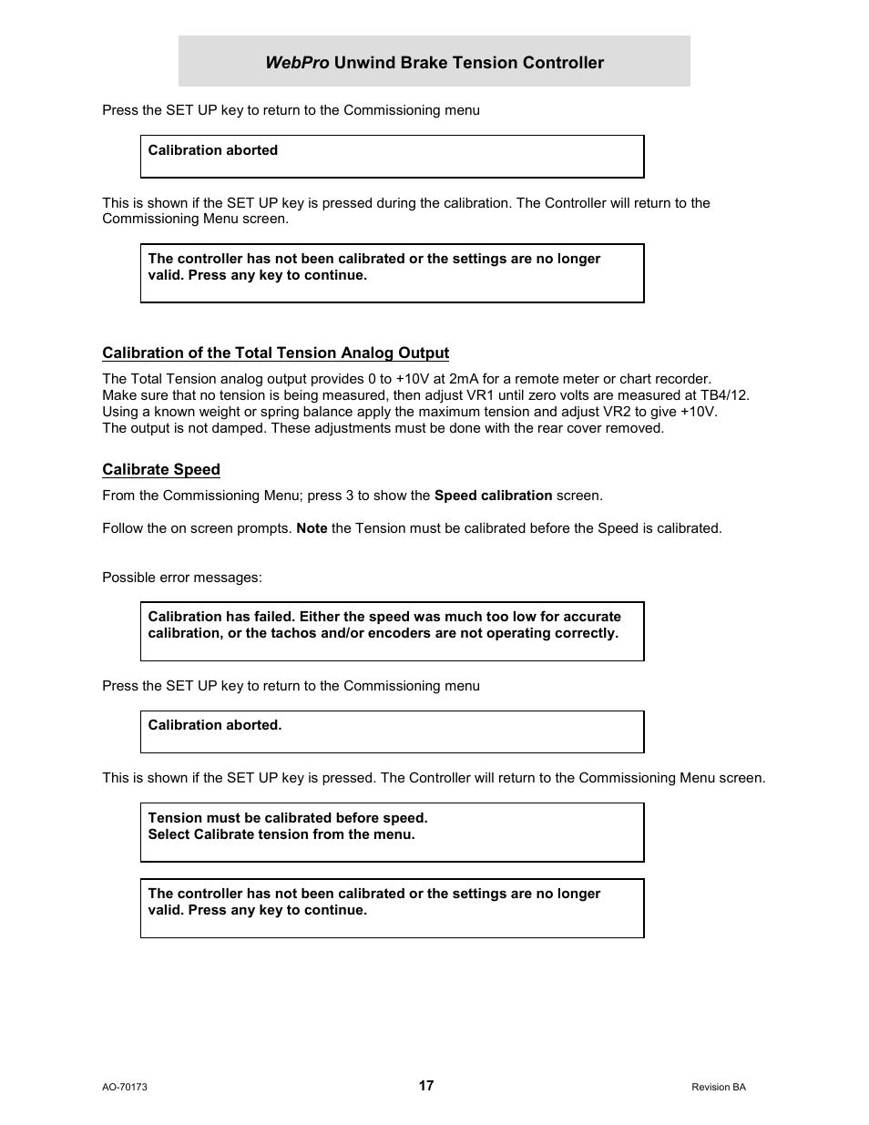 Calibration of the total tension analog output, Calibrate speed | Cleveland Motion Controls WebPro Unwind Brake Tension Controller MWP – 12662 - 0 REV BA User Manual | Page 17 / 22