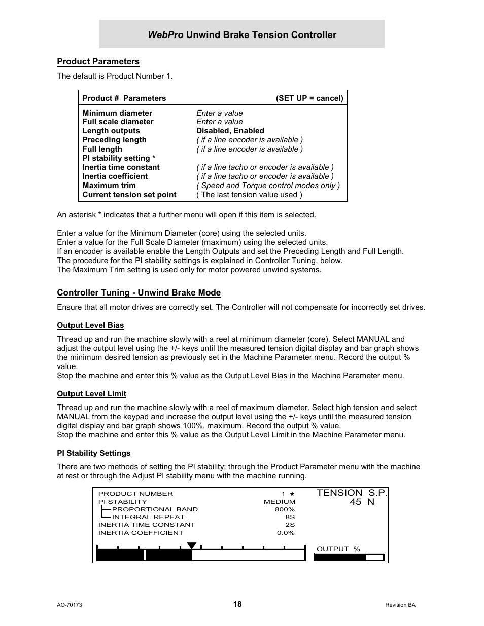 Product parameters, Controller tuning - unwind brake mode, Output level bias | Output level limit, Pi stability settings, Webpro unwind brake tension controller | Cleveland Motion Controls WebPro Unwind Brake Tension Controller MWP – 12662 - 0 REV BA User Manual | Page 18 / 22