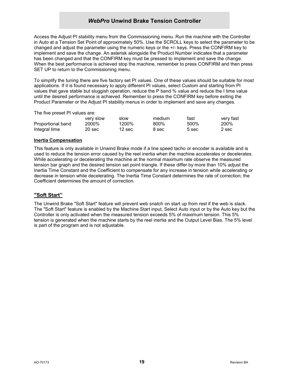 Inertia compensation, Soft start | Cleveland Motion Controls WebPro Unwind Brake Tension Controller MWP – 12662 - 0 REV BA User Manual | Page 19 / 22
