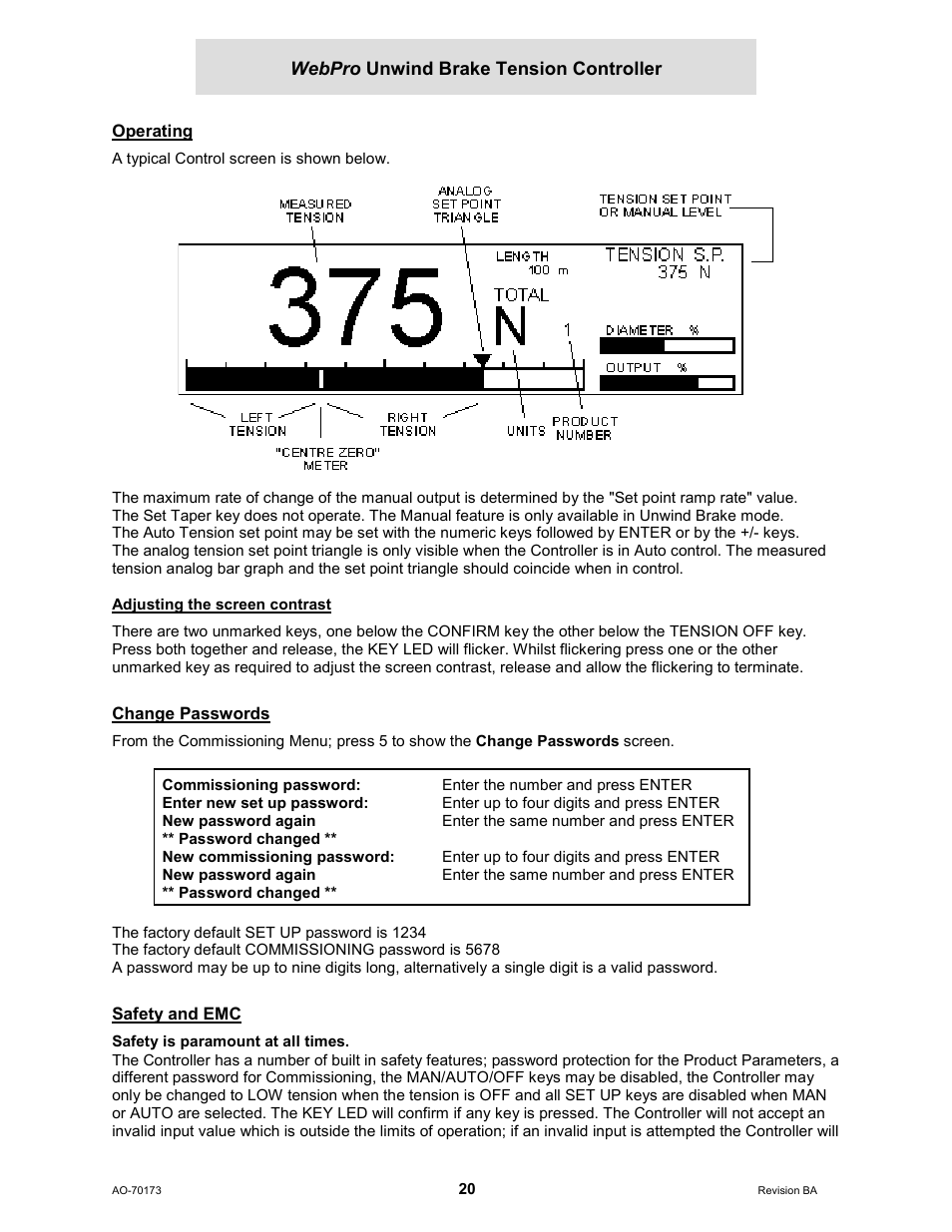 Operating, Adjusting the screen contrast, Change passwords | Safety and emc | Cleveland Motion Controls WebPro Unwind Brake Tension Controller MWP – 12662 - 0 REV BA User Manual | Page 20 / 22