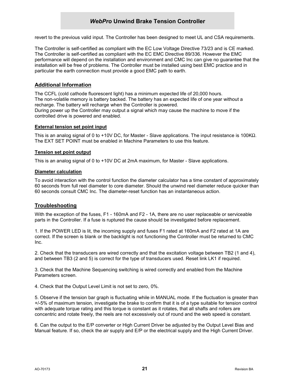 Additional information, External tension set point input, Tension set point output | Diameter calculation, Troubleshooting | Cleveland Motion Controls WebPro Unwind Brake Tension Controller MWP – 12662 - 0 REV BA User Manual | Page 21 / 22