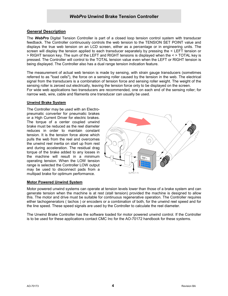 General description, Unwind brake system, Motor powered unwind system | Webpro unwind brake tension controller | Cleveland Motion Controls WebPro Unwind Brake Tension Controller MWP – 12662 - 0 REV BA User Manual | Page 4 / 22