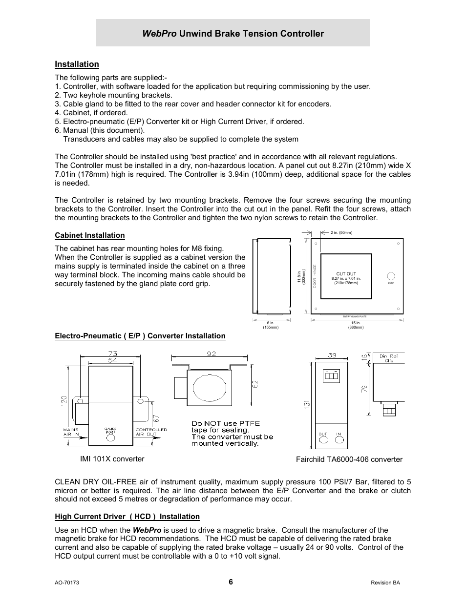 Installation, Cabinet installation, Electro-pneumatic ( e/p ) converter installation | High current driver ( hcd ) installation, Webpro unwind brake tension controller | Cleveland Motion Controls WebPro Unwind Brake Tension Controller MWP – 12662 - 0 REV BA User Manual | Page 6 / 22