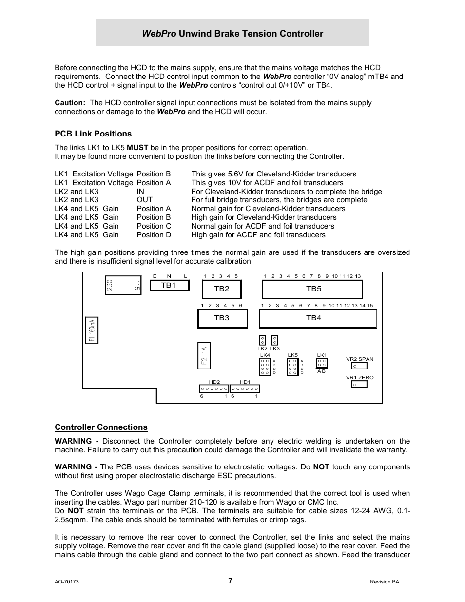 Pcb link positions, Controller connections, Webpro unwind brake tension controller | Cleveland Motion Controls WebPro Unwind Brake Tension Controller MWP – 12662 - 0 REV BA User Manual | Page 7 / 22