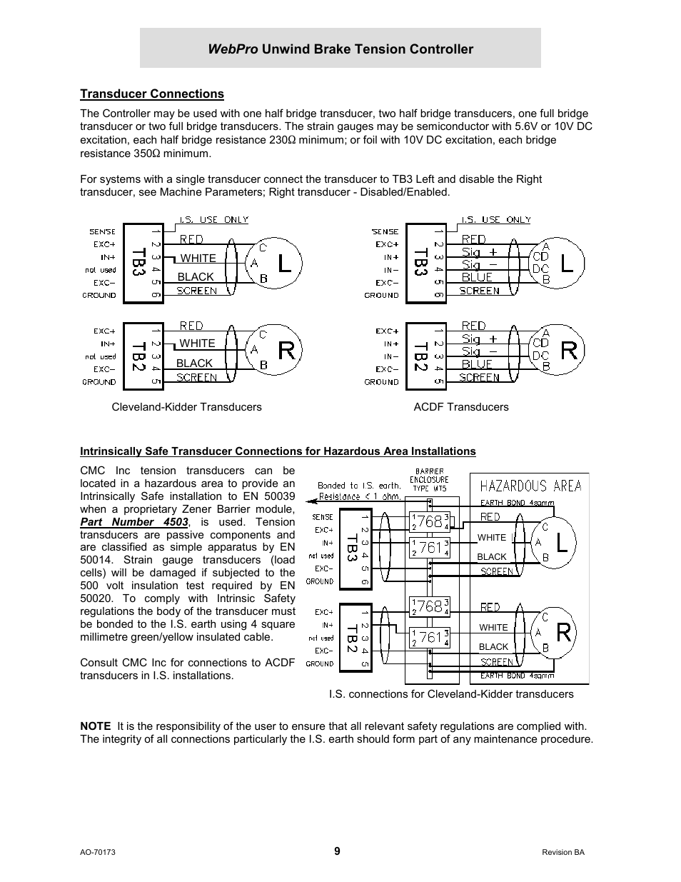 Transducer connections, Webpro unwind brake tension controller | Cleveland Motion Controls WebPro Unwind Brake Tension Controller MWP – 12662 - 0 REV BA User Manual | Page 9 / 22