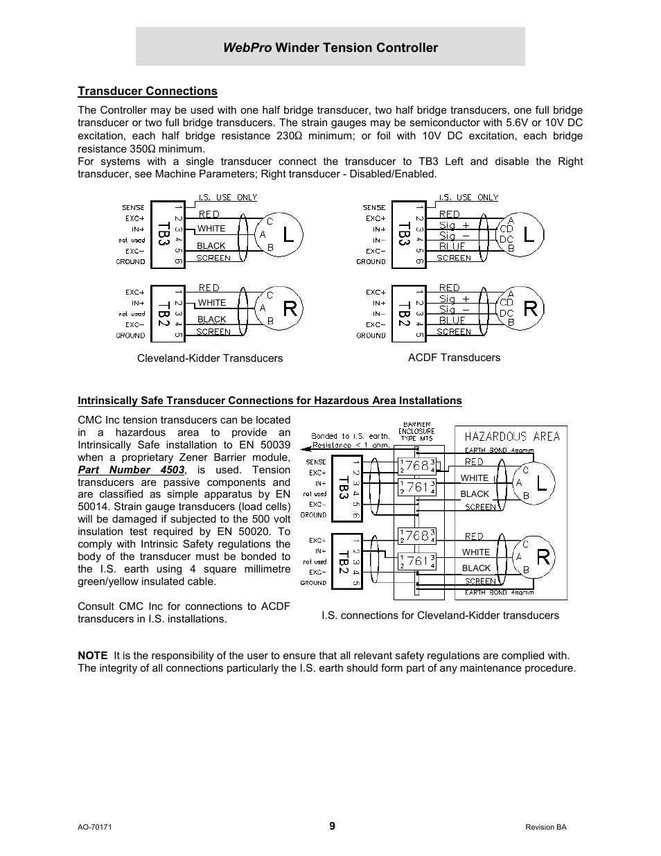 Transducer connections, Webpro winder tension controller | Cleveland Motion Controls WebPro Winder Tension ControllerMWP-12664 REV BA User Manual | Page 10 / 26