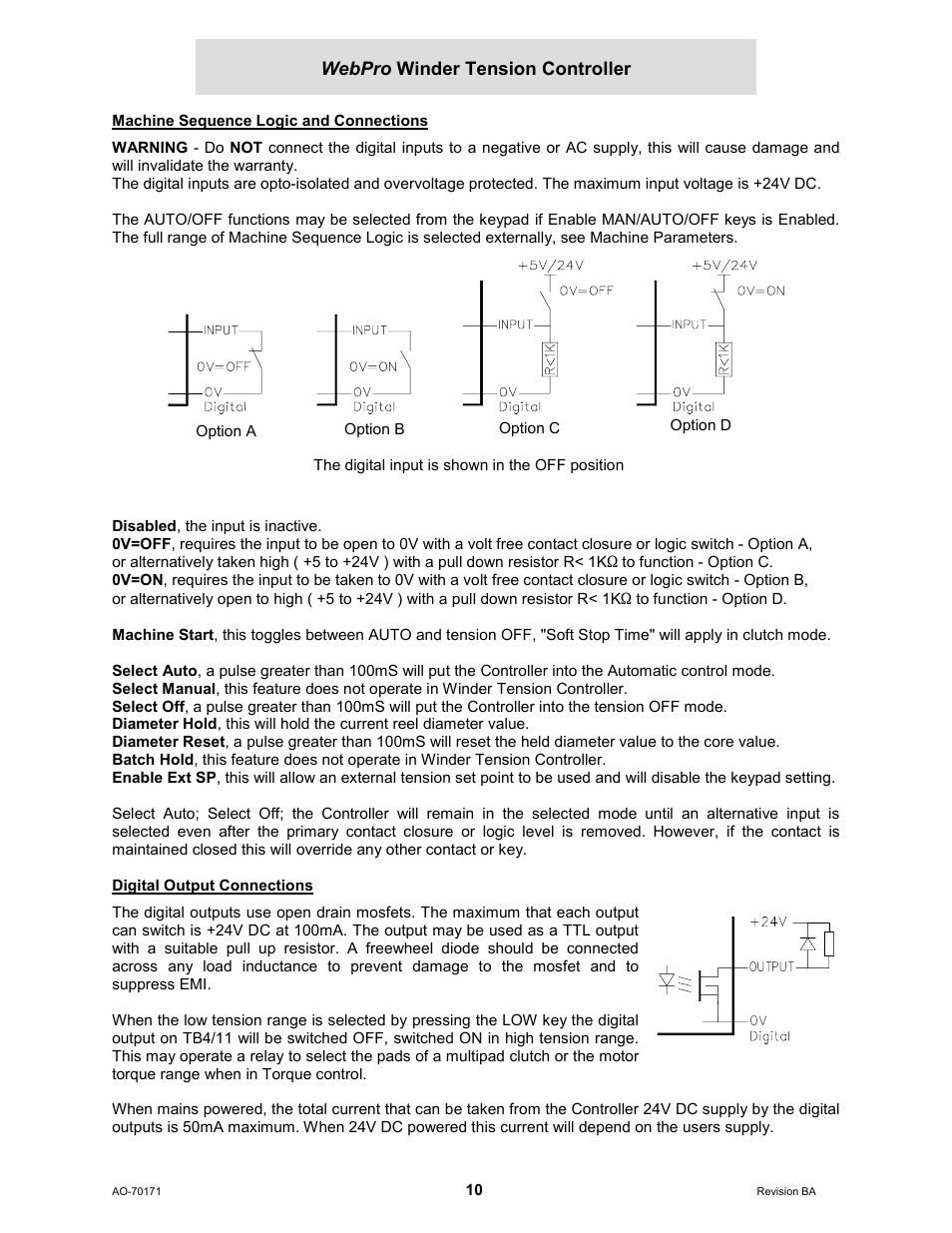 Machine sequence logic and connections, Digital output connections | Cleveland Motion Controls WebPro Winder Tension ControllerMWP-12664 REV BA User Manual | Page 11 / 26