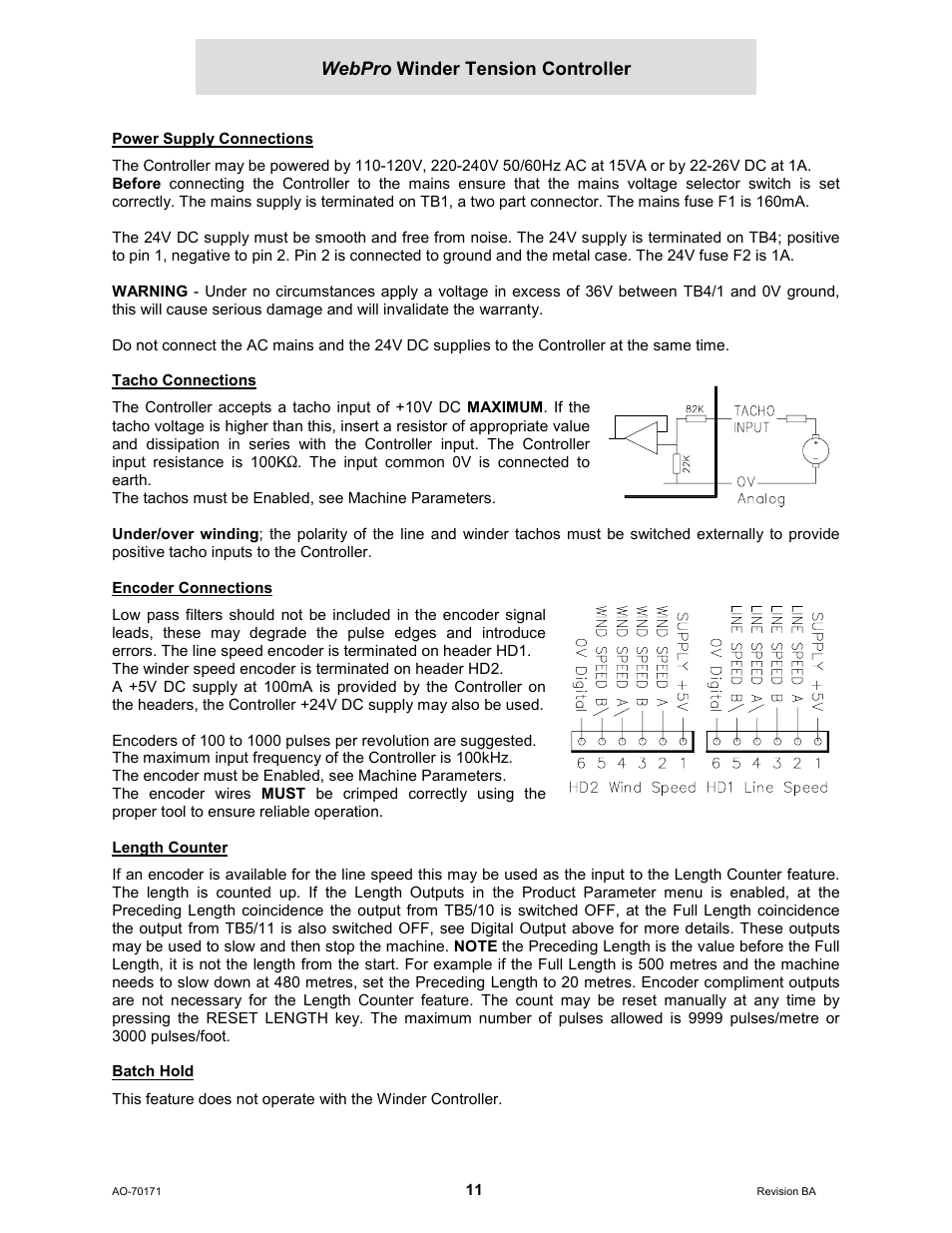 Power supply connections, Tacho connections, Encoder connections | Length counter, Batch hold, Webpro winder tension controller | Cleveland Motion Controls WebPro Winder Tension ControllerMWP-12664 REV BA User Manual | Page 12 / 26