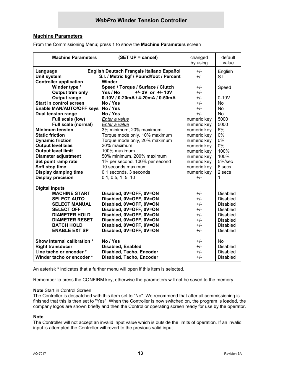 Machine parameters | Cleveland Motion Controls WebPro Winder Tension ControllerMWP-12664 REV BA User Manual | Page 14 / 26