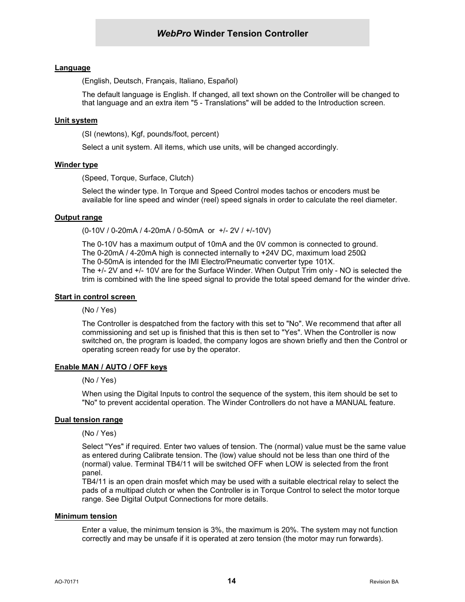 Language, Unit system, Winder type | Output range, Start in control screen, Enable man / auto / off keys, Dual tension range, Minimum tension | Cleveland Motion Controls WebPro Winder Tension ControllerMWP-12664 REV BA User Manual | Page 15 / 26