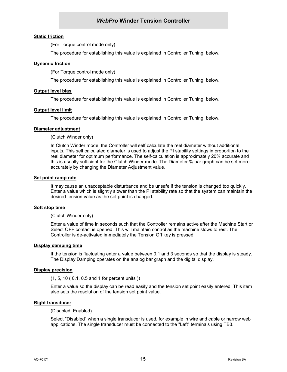 Static friction, Dynamic friction, Output level bias | Output level limit, Diameter adjustment, Set point ramp rate, Soft stop time, Display damping time, Display precision, Right transducer | Cleveland Motion Controls WebPro Winder Tension ControllerMWP-12664 REV BA User Manual | Page 16 / 26