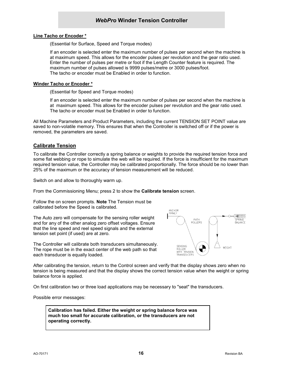 Line tacho or encoder, Winder tacho or encoder, Calibrate tension | Cleveland Motion Controls WebPro Winder Tension ControllerMWP-12664 REV BA User Manual | Page 17 / 26