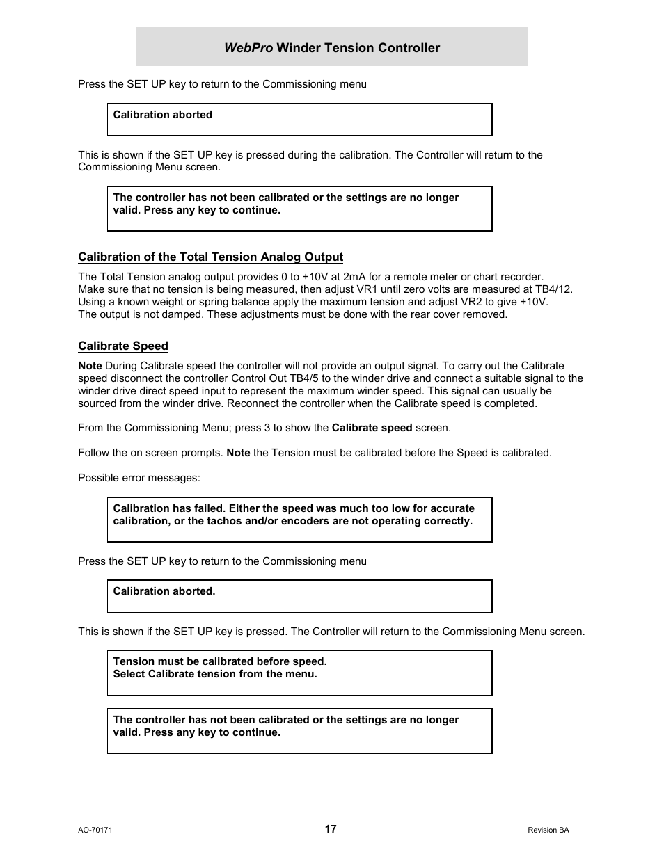 Calibration of the total tension analog output, Calibrate speed | Cleveland Motion Controls WebPro Winder Tension ControllerMWP-12664 REV BA User Manual | Page 18 / 26