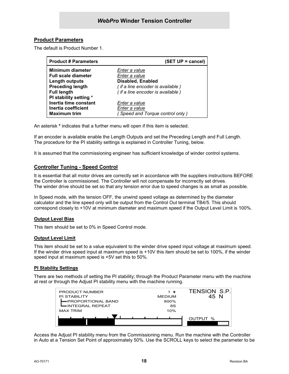 Product parameters, Controller tuning - speed control, Output level bias | Output level limit, Pi stability settings | Cleveland Motion Controls WebPro Winder Tension ControllerMWP-12664 REV BA User Manual | Page 19 / 26