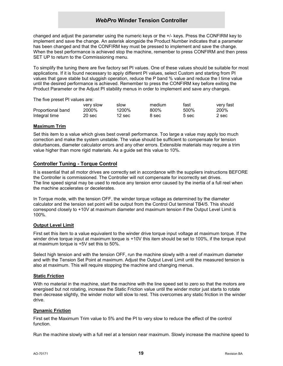 Maximum trim, Controller tuning - torque control, Output level limit | Static friction, Dynamic friction | Cleveland Motion Controls WebPro Winder Tension ControllerMWP-12664 REV BA User Manual | Page 20 / 26