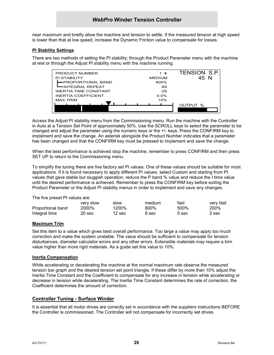 Pi stability settings, Maximum trim, Inertia compensation | Controller tuning - surface winder, Webpro winder tension controller | Cleveland Motion Controls WebPro Winder Tension ControllerMWP-12664 REV BA User Manual | Page 21 / 26