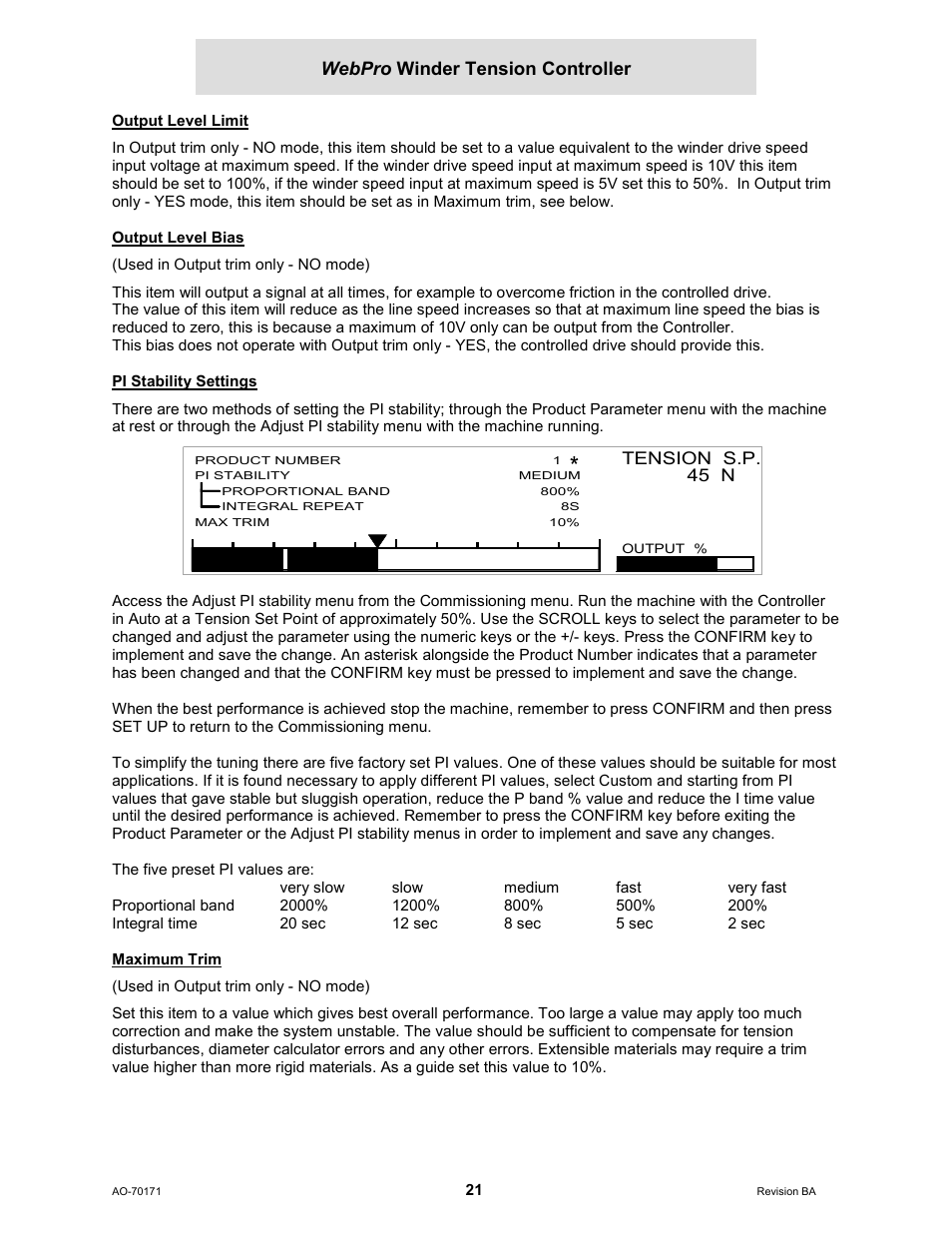 Output level limit, Output level bias, Pi stability settings | Maximum trim, Webpro winder tension controller | Cleveland Motion Controls WebPro Winder Tension ControllerMWP-12664 REV BA User Manual | Page 22 / 26