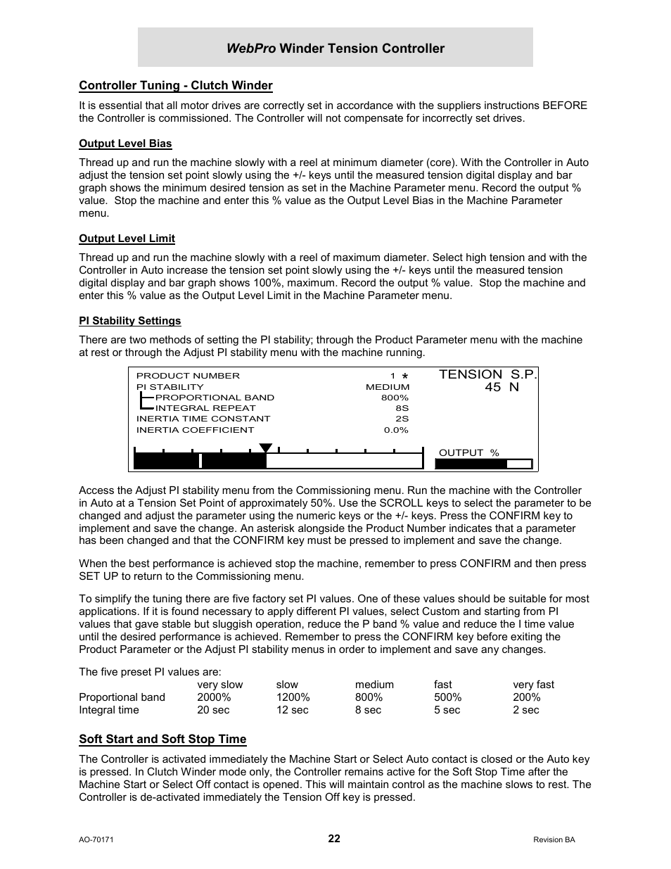 Controller tuning - clutch winder, Output level bias, Output level limit | Pi stability settings, Soft start and soft stop time, Webpro winder tension controller | Cleveland Motion Controls WebPro Winder Tension ControllerMWP-12664 REV BA User Manual | Page 23 / 26