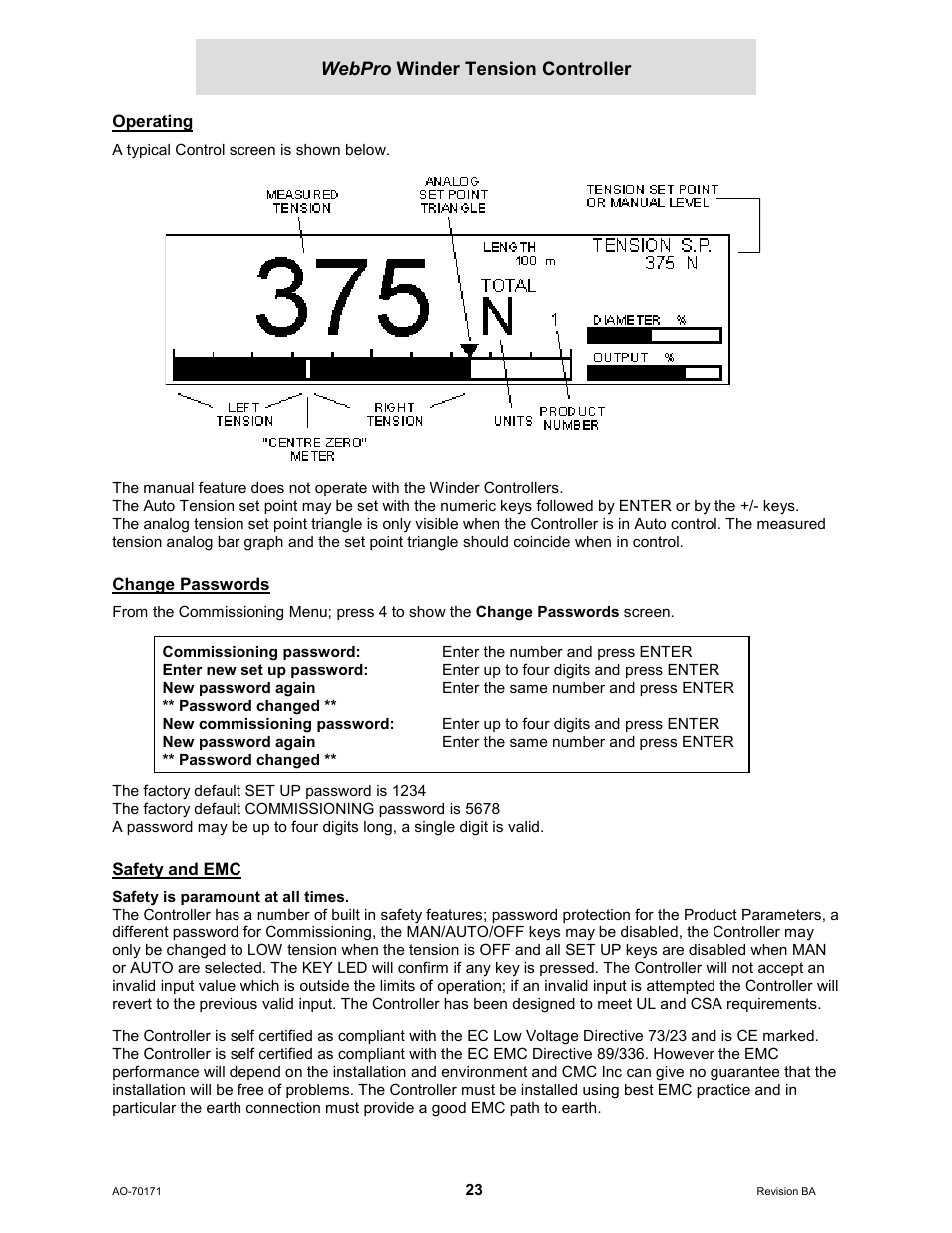 Operating, Change passwords, Safety and emc | Webpro winder tension controller | Cleveland Motion Controls WebPro Winder Tension ControllerMWP-12664 REV BA User Manual | Page 24 / 26