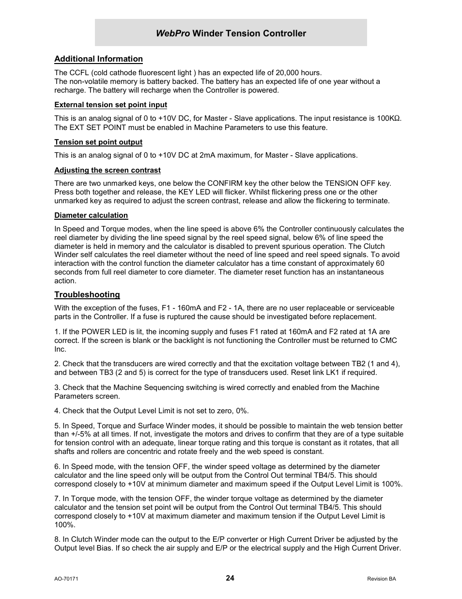 Additional information, External tension set point input, Tension set point output | Adjusting the screen contrast, Diameter calculation, Troubleshooting, Webpro winder tension controller | Cleveland Motion Controls WebPro Winder Tension ControllerMWP-12664 REV BA User Manual | Page 25 / 26