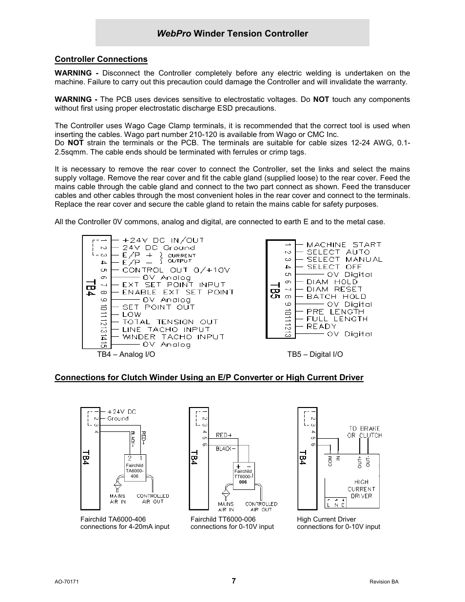 Controller connections, Webpro winder tension controller | Cleveland Motion Controls WebPro Winder Tension ControllerMWP-12664 REV BA User Manual | Page 8 / 26