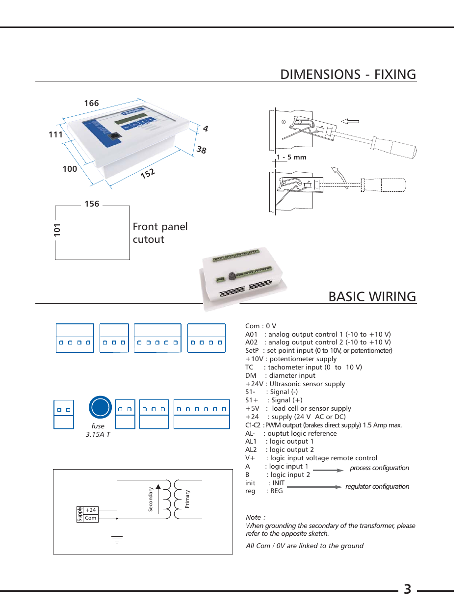 3dimensions - fixing, Basic wiring, Front panel cutout | Cleveland Motion Controls Quantum Tension Controller REV A User Manual | Page 3 / 37