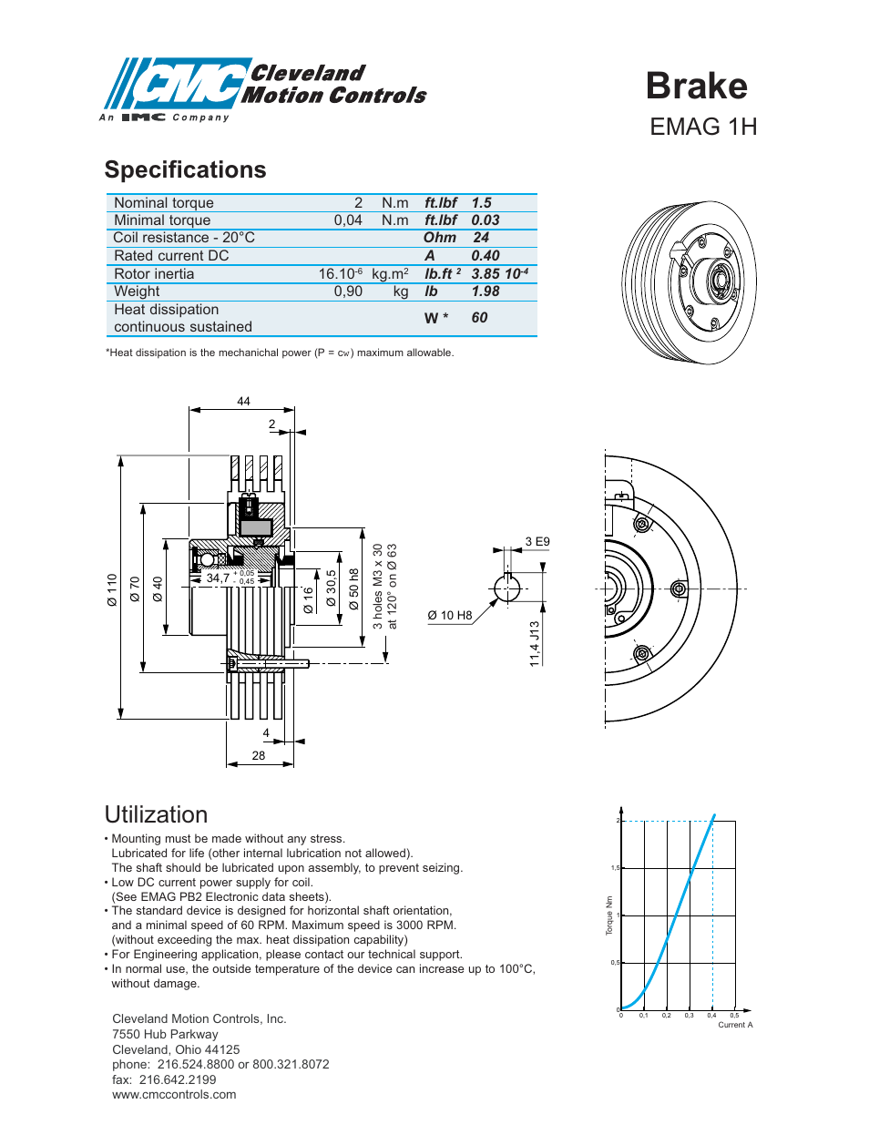 Brake, Utilization, Emag 1h | Specifications | Cleveland Motion Controls Brake EMAG 1H User Manual | Page 2 / 2
