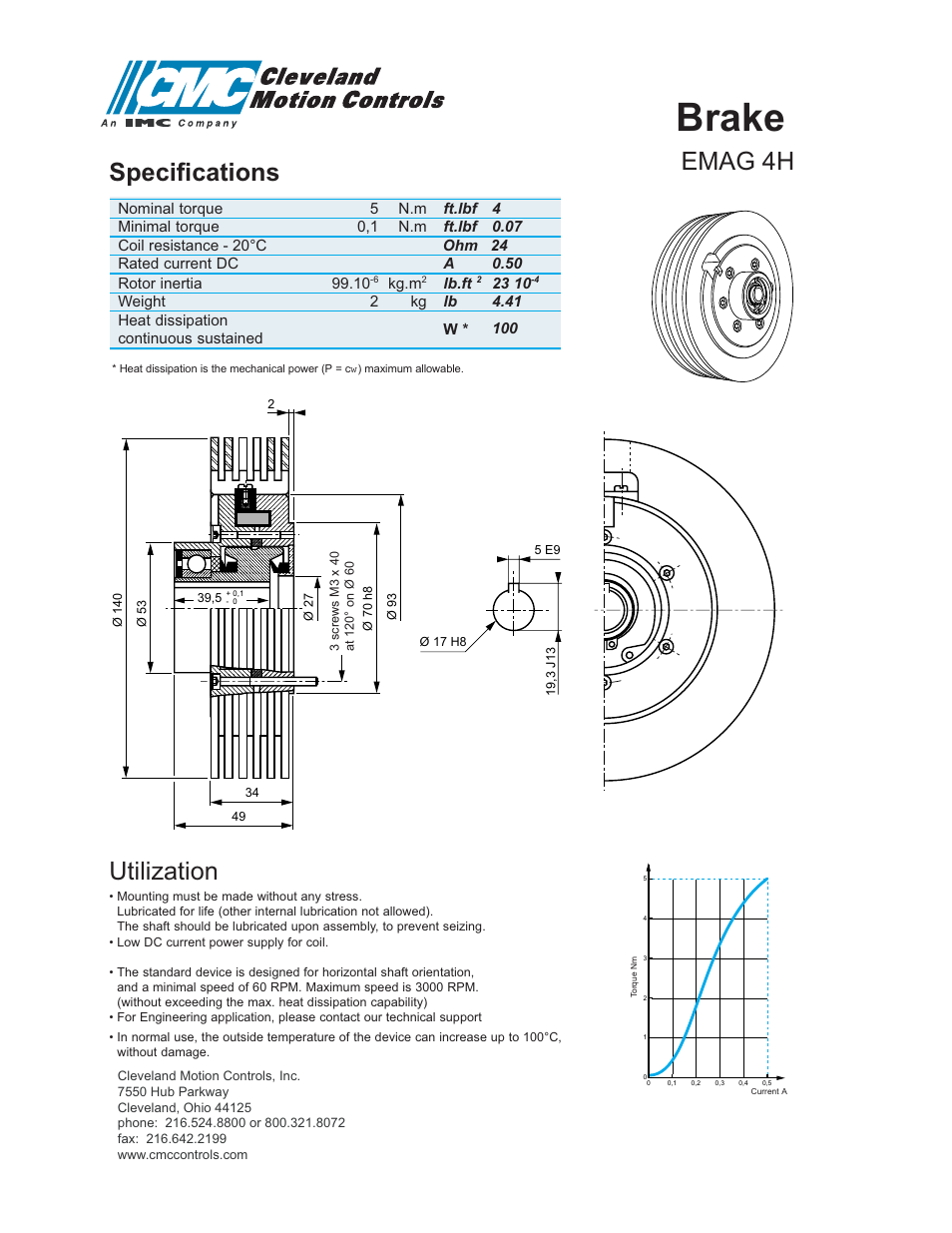 Brake, Utilization, Emag 4h | Specifications | Cleveland Motion Controls Brake EMAG 4 User Manual | Page 2 / 2