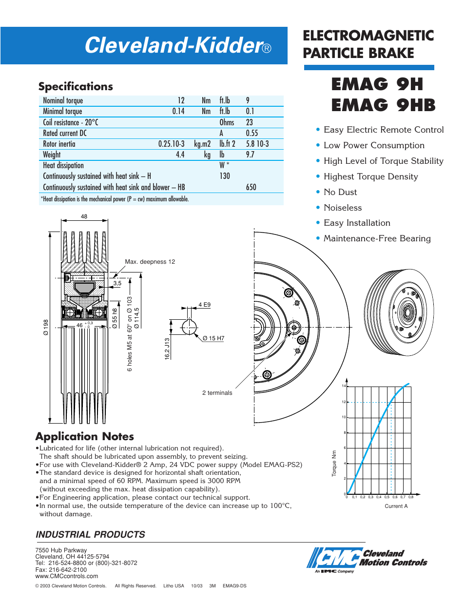 Cleveland-kidder, Emag 9h emag 9hb, Electromagnetic particle brake | Specifications | Cleveland Motion Controls Brake EMAG 9 User Manual | Page 2 / 2