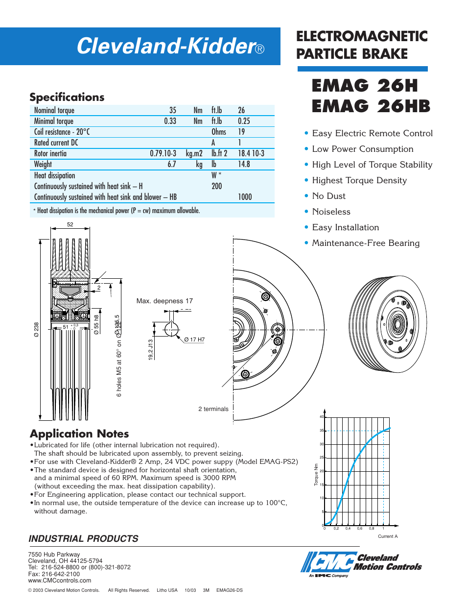 Cleveland-kidder, Emag 26h emag 26hb, Electromagnetic particle brake | Specifications, Industrial products | Cleveland Motion Controls Brake EMAG 26 User Manual | Page 2 / 2